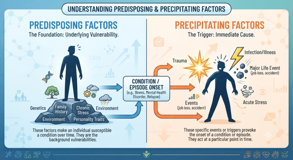 Precipitating Factors Include All Except: Medical concept illustration showing triggers, underlying causes, and healthcare assessment.